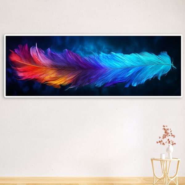 Art panoramique plume colorée, art horizontal long plumage coloré, décoration murale moderne, idée cadeau, téléchargement numérique, oeuvre d'art par GiftArtSmile