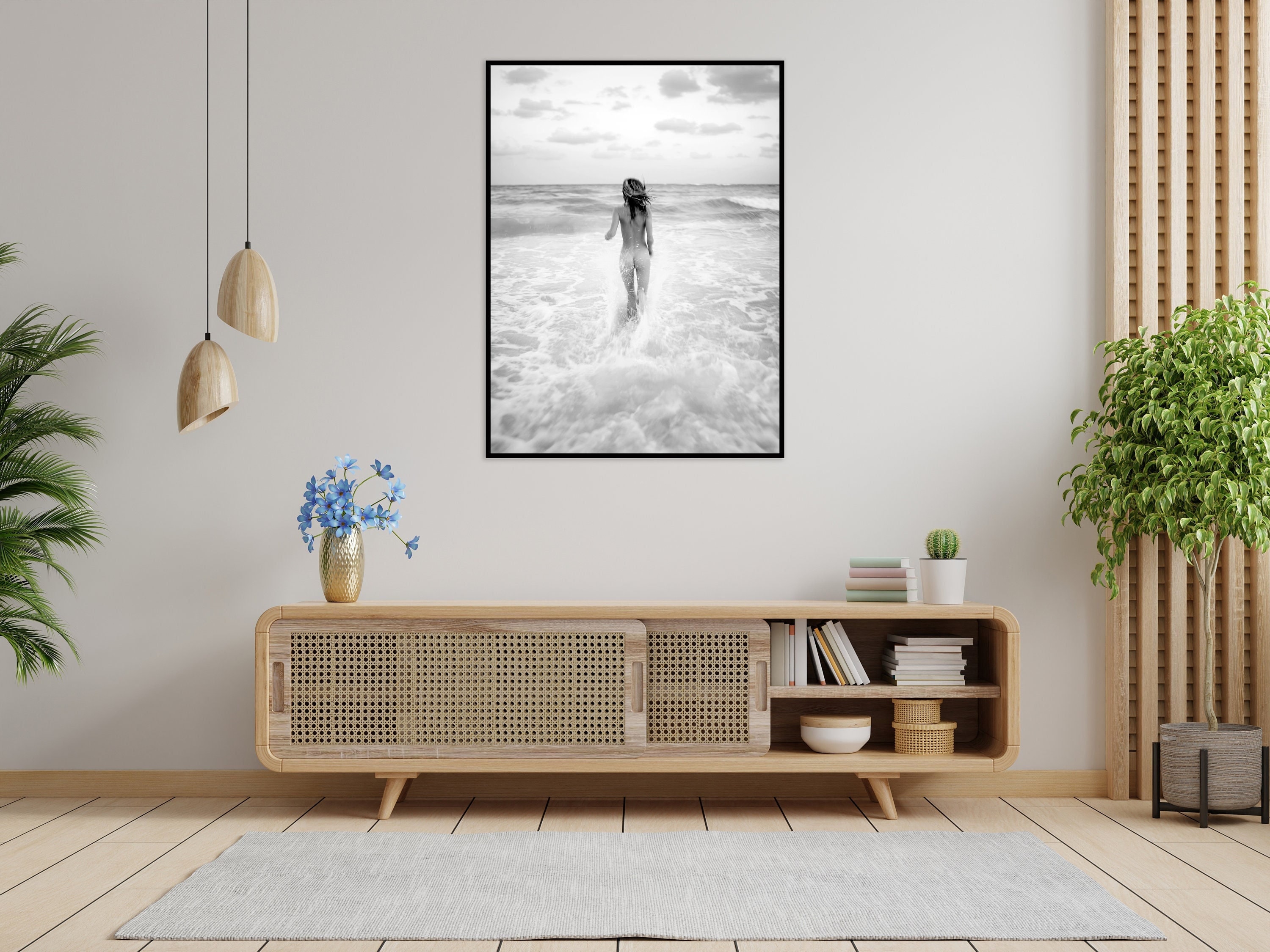 Woman Running Naked in the Sea Photo Print, Photo Art Print, High
