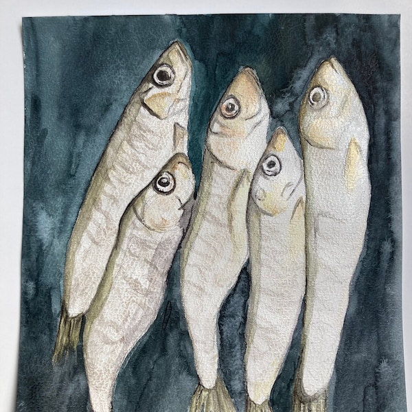 Original Aquarell Fische Sprotten Skurril