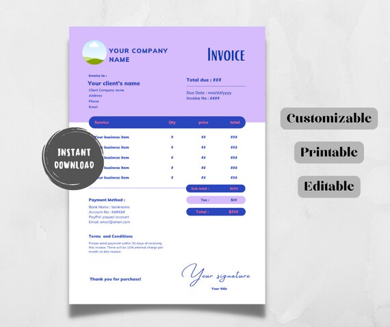 Invoice Template Printable Invoice Digital Invoice | Etsy