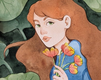 An original watercolor illustration of a woman with green eyes