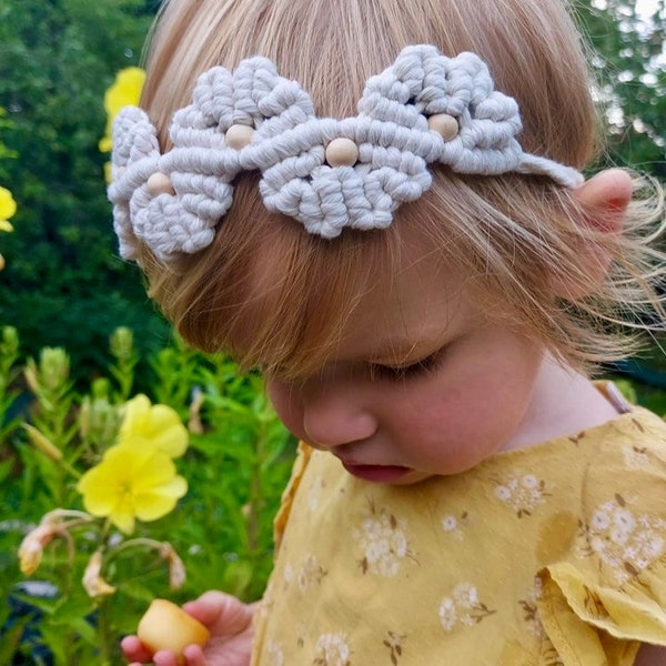 Bandeau bébé et enfant, headband en macramé et perles, tenue de fête petite fille, accessoire fillette, serre-tête en coton à nouer, Boho