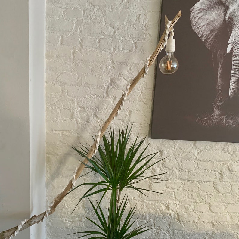 Op de afbeelding: Een handgemaakte lamp gemaakt van een natuurlijke houten tak, versierd met witte touwdetails. De lamp heeft een enkele zichtbare gloeilamp en staat tegen een witte bakstenen muur. Een groene plant is zichtbaar op de voorgrond.