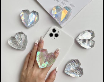 Crystal Heart Phone Grips | Transparent, Holographic, Iridescent Heart Shaped Phone Stand/Holder