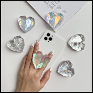 Crystal Heart Phone Grips | Transparent, Holographic, Iridescent Heart Shaped Phone Stand/Holder