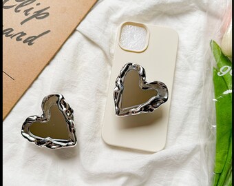 Metallic Heart Mirror Phone Grips | Silver, Irregular Heart Shaped Phone Stand/Holder with Mirror