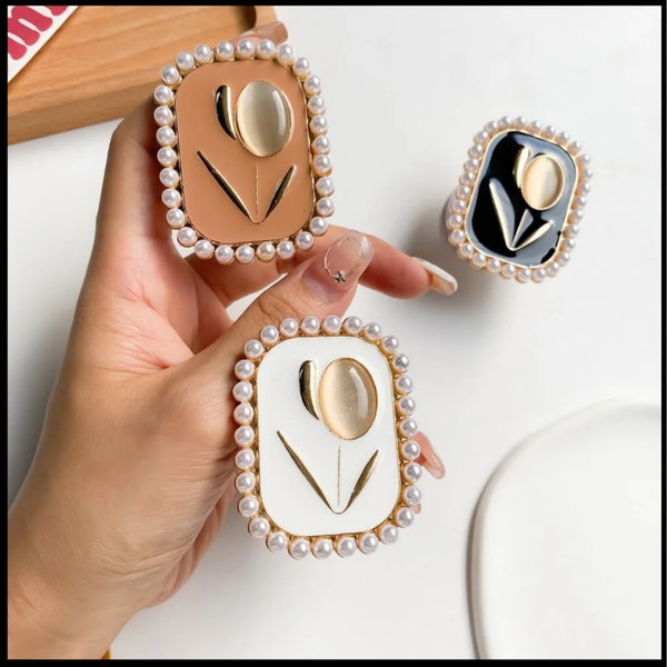 Pearled Neutral Tulip Phone Grips | Classy Elegant Phone Stands/Holders