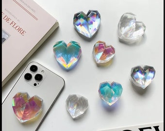 Geometric Crystal Heart Phone Grips | Transparent, Holographic, Iridescent Heart Shaped Phone Stand/Holder