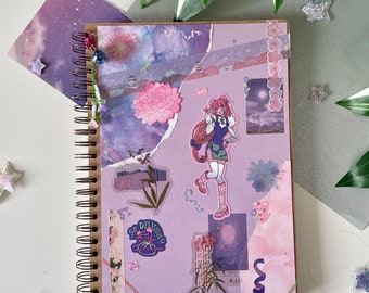 Handmade Large Purple Pink Cute Anime Collage A4 Sketchbook With Keychain