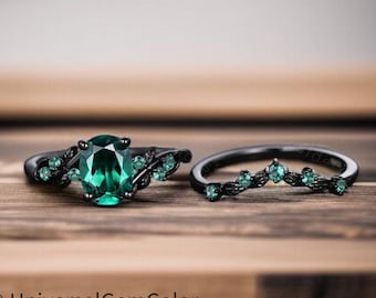 Oval Cut Green Emerald Engagement Ring Ser Black Gold Twig Lead Emerald Ring Nature Inspired Wedding Ring Art Deco Bridal Promise Ring Set