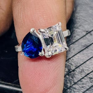 Toi et Moi Ring• Two Stone Engagement Ring•Emerald Cut Diamond and Lab Grown Sapphire Pear Engagement Ring•Family Birthstone Toi et Moi Ring