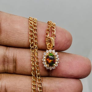 Vintage Rare Fire Black Opal Pendant Necklace• Natural Fire Black Opal Oval Diamond Gold Pendant•Sterling Silver Ethiopian Opal Pendant Her