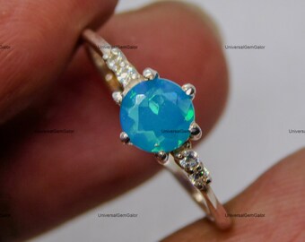 Vintage Paraiba Opal Ring• Sterling Silver Ethiopian Opal Engagement Promise Ring For Women •Neon Turquoise Gemstone October Birthstone Ring