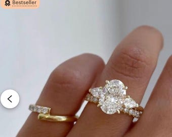 2 Carat Oval Diamond Three Stone Engagement Ring• 14k Yellow Gold Trilogy Ring• Side Pear Diamonds• Oval Moissanite Ring• Anniversary Ring