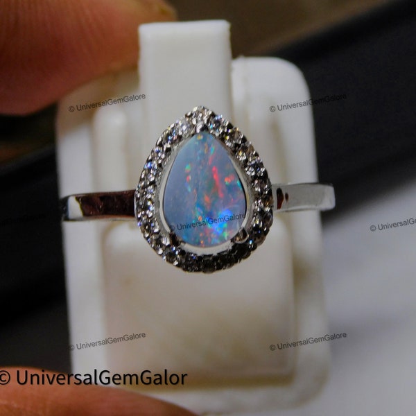 Genuine Opal Ring• Australian Opal Ring• Opal Doublet Ring• Halo Tear Drop Engagement Ring• 14k Gold Promise Ring• Sterling Silver Opal Ring