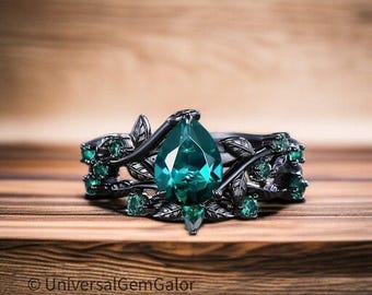 Nature inspired Leaf Emerald Ring Set Black Gold Branch Twig Lab Emerald Engagement Ring• Green Tree Leaf Branch Ring Bridal Promise Ring