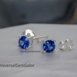 Blue Sapphire Earring Stud • Round Cut Earrings For Her • Blue Stone Earrings • Minimalist Bridesmaid Gift • Something Blue Sapphire Jewelry