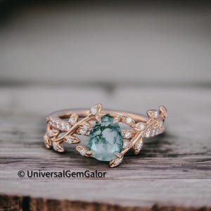 Teardrop Moss Agate Engagement Ring Set• 14k Gold Moissanite Ring Leaf Ring Diamond Double Band Bridal Promise Anniversary Nature Inspired