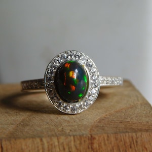 Real Black Opal Ring • Dark Opal Ring•Ethiopian Opal Ring•Sterling Silver Ring With Simulated Diamond•Black Opal Jewelry •October Birthstone