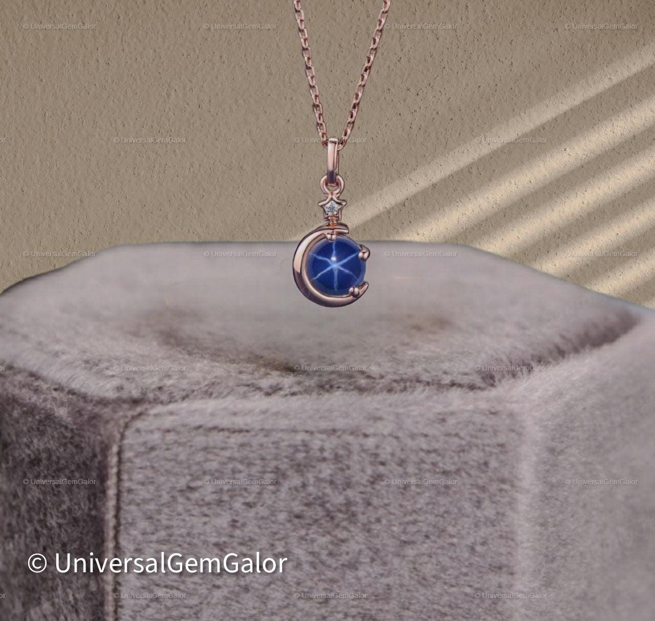 Round Star Blue Sapphire Necklace Rose Gold Crescent Moon Wedding Necklace Star Blue Bridal Solitaire Pendant Necklace Unique Promise Gifts