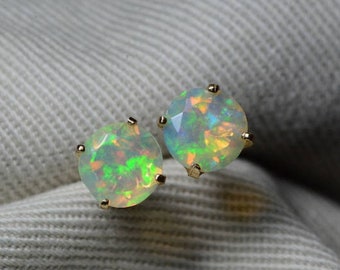 5mm 0.60ctw Round Natural Ethiopian Opal•14K Solid Gold Martini Stud Earrings • Solid Gold Opal Studs Earrings For Her • 14k Gold Studs Gift