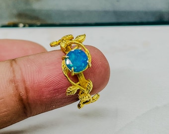 Vintage Paraiba Opal Ring•Sterling Silver Nature Inspired Leaf Opal Engagement Promise Ring For Women •Neon Gemstone October Birthstone Ring