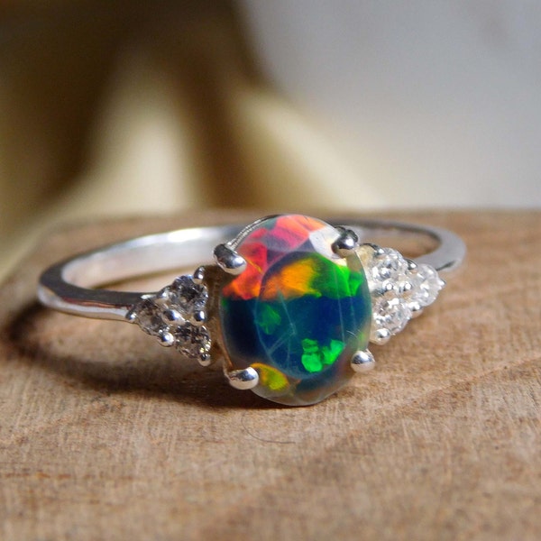 Black Opal Halo Ring•Sterling Silver Dark Opal Cut Ring•Opal Solitaire Ring•Natural Opal Ring•Red Fire Opal Simulated Diamond Ring For Her