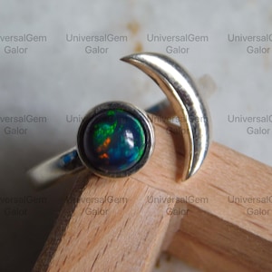 Anillo de luna creciente•Anillo de apilamiento de ópalo oscuro• Anillo de ópalo lunar• Anillo de media luna con piedra• Joyería de ópalo delicado• Anillo de ópalo de fuego negro en plata esterlina