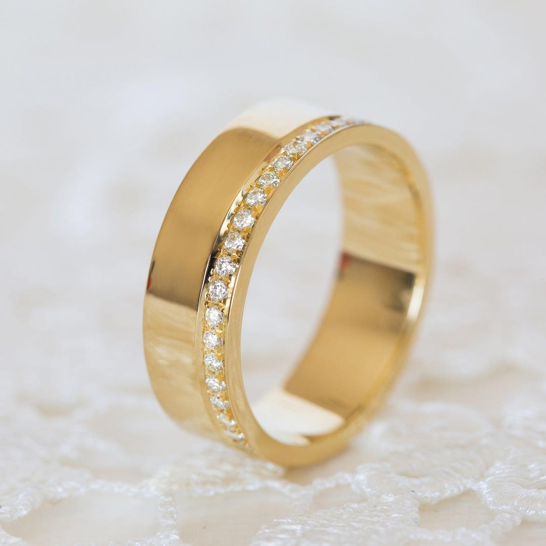 One Side Pave Wedding Band Solid Gold Half Eternity Flat Band 14k Gold ...