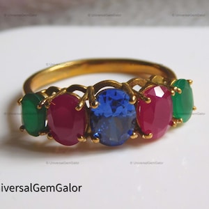 Ring saffier robijn smaragd• 14k gouden ring met 5 stenen • Ring bruidsmeisje• Handgemaakte ring• Kostbare ring• Geboortesteen sieraden voor dames cadeaus