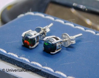 Genuine black Fire Opal Earrings• Natural Opal Stud Earrings• Sterling Silver Jewelry Gifts For Her• Gemstone Stud Earrings• Dark Gemstone