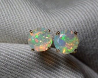 5mm 0.60ctw Round Natural Ethiopian Opal•14K Solid Gold Martini Stud Earrings • Solid Gold Opal Studs Earrings For Her • 14k Gold Studs Gift