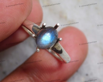 Atlantis Labradorite Solitaire Blue Flash Ring• Estilo vintage Ajuste de seis puntas• Regalo de piedra de nacimiento de junio para ella• Regalo de joyería de labradorita