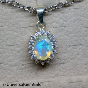 Princess Diana Opal Oval Cut Halo Pendant Necklace• Diamond Halo Pendant •Multifire Ethiopian Opal Halo Pendant•Moissanite Necklace 14k Gold