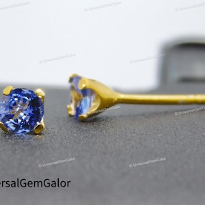 Genuine Tanzanite Stud Earrings• 14k Yellow Gold Filled• 4mm Round Cut Earrings• December Birthstone Jewelry•Blue Stone Studs For Women Gift