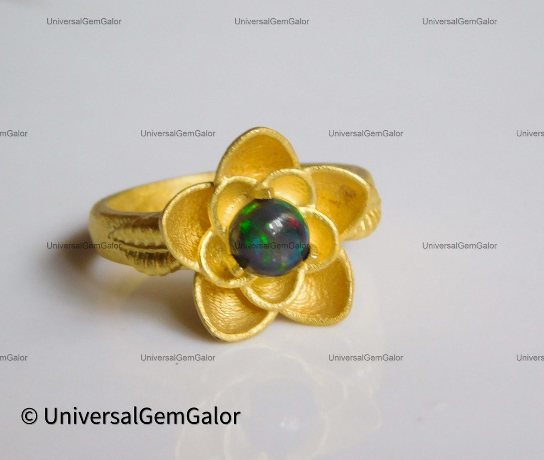 14k Gold Dainty Opal Rose Flower Engagement Ring Black Opal Etsy
