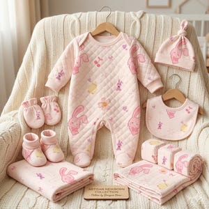 May include: A baby clothing set in soft pink, featuring a quilted romper, hat, bib, mittens, booties, and blankets. The set is decorated with a repeating pattern of cartoon bunnies, flowers, and cherries. The set includes a wooden sign that reads "ARTISAN NEWBORN COLLECTION - Pattern by Designer Home."