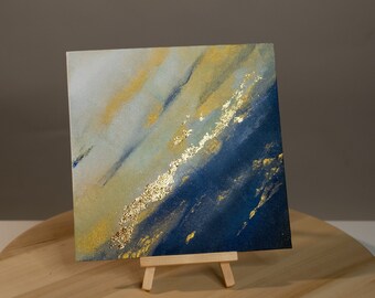 Abstract blue-gold painting, small acrilic painting, Christmas