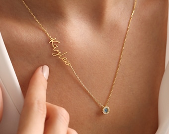 14K Gold Plated Personalized Name Necklace with Birthstone, Birthstone name necklace, Custom Name Necklace, Valentine Day Gifts for Her