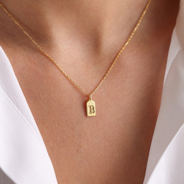 Custom Engraved Letter Pendant Necklace, Dainty Initial Tag Necklace, 14K Solid Gold Initial Tag Necklace, Bridesmaid Gifts, Christmas Gift