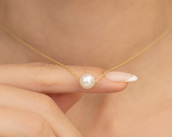 14K Gold Single Pearl Necklace, Dainty Silver Freshwater Pearl Bead Pendant, Pearls Jewelry, Gifts for Mother Her Women Bridesmaids