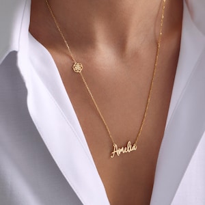 Name Necklace with Birth Flower, Personalized Necklace, Custom Name Necklace for Bridesmaids Personalized Gifts, Birthday Gift