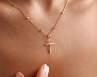 Dainty Gold Plated Cross, 14k Gold Plated Christian Jewelry, Gold Choker Gift Necklace, Unisex Women Men Necklace,  Rose & Silver