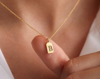 14k Solid Gold Tiny Initial Tag Necklace, Custom Engraved Letter