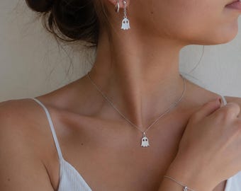 Ghost Necklace, Ghost Earrings, Ghost Bracelet, Halloween Jewelry, Cute Ghost Charm, Spooky Gift For Her, Silver Jewelry
