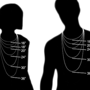 May include: Silhouettes of two people with lines indicating different necklace lengths in inches. The lengths are 16, 18, 20, 24, 30, and 36 inches.