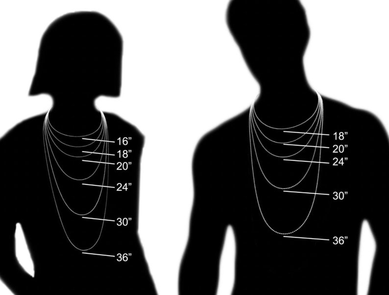 May include: Silhouettes of two people with lines indicating different necklace lengths in inches. The lengths are 16, 18, 20, 24, 30, and 36 inches.