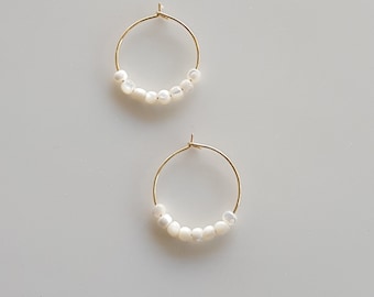Dainty Pearl Hoop Earrings, Gold Hoop, Minimalist Gold Earring