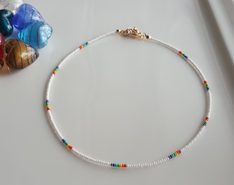 Tiny Seed Bead Necklace Dainty Choker, Rainbow Beaded Necklace, Thin Beaded Necklace