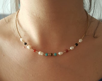 Thin Beaded Necklace, Gemstone Necklace, Aesthetic Necklace, Summer Necklace